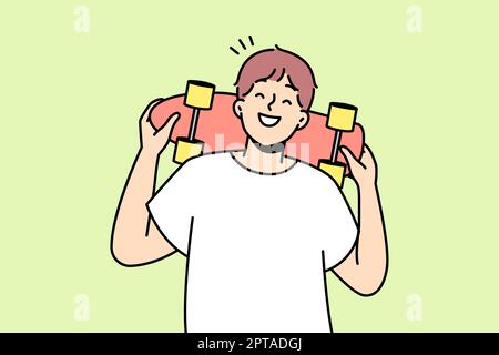 Homme souriant posant avec un skateboard à l'extérieur. Jeune homme heureux avec spectacle de planche à roulettes passe-temps et divertissement. Illustration vectorielle. Banque D'Images