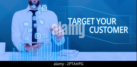 Rédaction affichage du texte Target votre client, Aperçu de l'entreprise adapter le argumentaire de marketing définir les consommateurs potentiels Banque D'Images