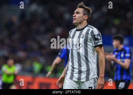Federico Chiesa, de Juventus FC, se présente au stade Giuseppe Meazza lors du match de football demi-finale 2st jambes de Coppa Italia 2022/23 entre le FC Internazionale et le FC Juventus. Note finale; FC Internazionale 1:0 Juventus FC Banque D'Images