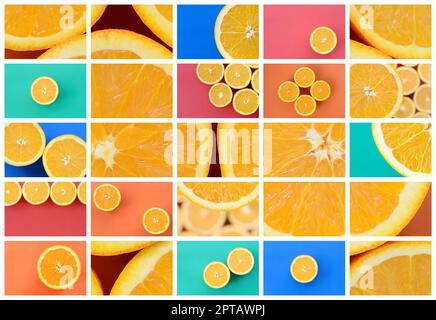Un collage de plusieurs photos avec des oranges juteuses. Jeu d'images avec des fruits sur des fonds de différentes couleurs Banque D'Images