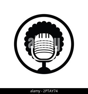 Logo de podcast Black People Vector. Tête noire avec logo de microphone de cheveux afro. Illustration de Vecteur