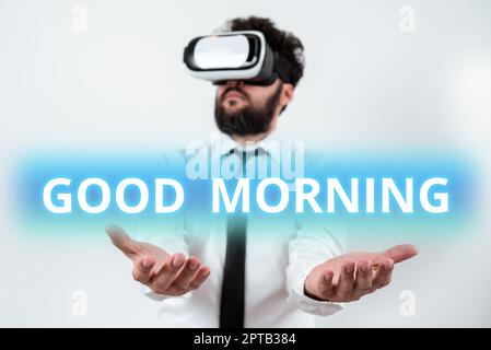Légende du texte présentant Bonjour, Mot pour Une expression conventionnelle lors d'une réunion ou d'une pause le matin Banque D'Images