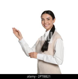 Belle jeune femme sur fond blanc. Météo Banque D'Images