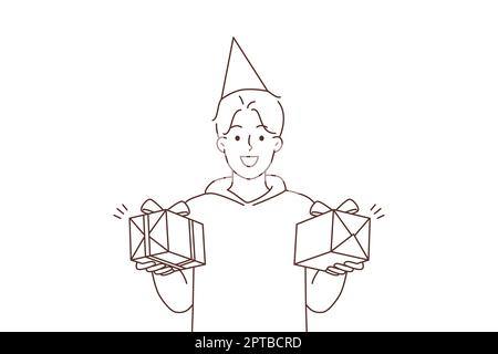 Jeune homme souriant dans un chapeau d'anniversaire tenant des cadeaux entre les mains. Joyeux anniversaire. Fête et célébration. Illustration vectorielle. Banque D'Images