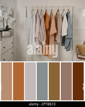 Palette de couleurs adaptée à la photo des vêtements élégants pour femmes sur le rack dans la chambre Banque D'Images