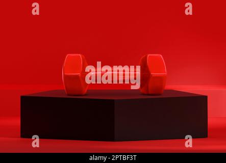 Haltères sur le podium noir du pentagone dans le studio rouge Banque D'Images