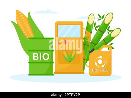 Biocarburant cycle de vie des matériaux naturels et des plantes avec des barils verts ou biogas production d'énergie en dessin animé à la main dessins de dessin animé Illustration Banque D'Images