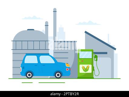 Biocarburant cycle de vie des matériaux naturels et des plantes avec des barils verts ou biogas production d'énergie en dessin animé à la main dessins de dessin animé Illustration Banque D'Images