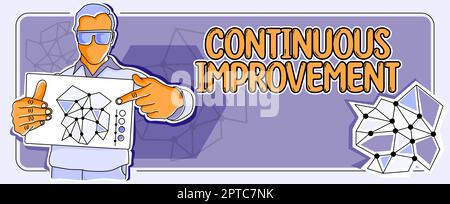 Signe d'écriture manuelle amélioration continue, concept signifiant apporter de petites améliorations cohérentes au fil du temps Homme tenant le papier montrant la stratégie créative p Banque D'Images