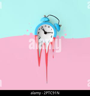 Le temps presse concept montre réveil c'est la dissolution par fusion dans substance liquide rose pastel . Image style surréaliste Banque D'Images