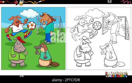 groupe d'animaux de dessin animé jouant football coloriage page Illustration de Vecteur