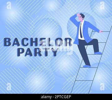 Légende de texte présentant Bachelor Party, Word pour conçu pour aider le créancier à obtenir l'actif du débiteur gentleman en costume debout Ladder Search Banque D'Images