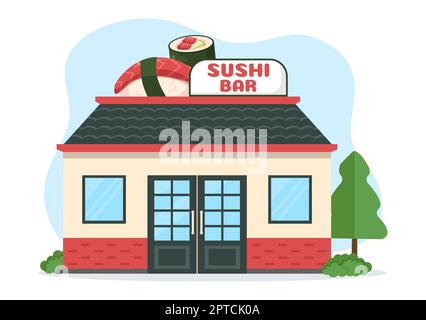 Sushi Bar Japan Asian Food ou Restaurant de Sashimi et Rolls pour manger avec de la sauce au soja et du wasabi dans un modèle dessin main dessin de dessin à plat de dessin animé Illustration Banque D'Images