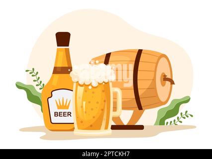 Procédé de production de la brasserie avec réservoir de bière et bouteille plein de boisson alcoolisée pour fermentation en dessin animé à la main dessins à la main Illustration Banque D'Images