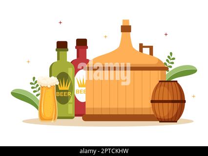 Procédé de production de la brasserie avec réservoir de bière et bouteille plein de boisson alcoolisée pour fermentation en dessin animé à la main dessins à la main Illustration Banque D'Images