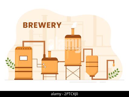 Procédé de production de la brasserie avec réservoir de bière et bouteille plein de boisson alcoolisée pour fermentation en dessin animé à la main dessins à la main Illustration Banque D'Images