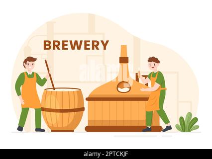 Procédé de production de la brasserie avec réservoir de bière et bouteille plein de boisson alcoolisée pour fermentation en dessin animé à la main dessins à la main Illustration Banque D'Images