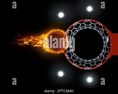 3D illustration de basket ball de fiery vol hoop sur fond noir Banque D'Images