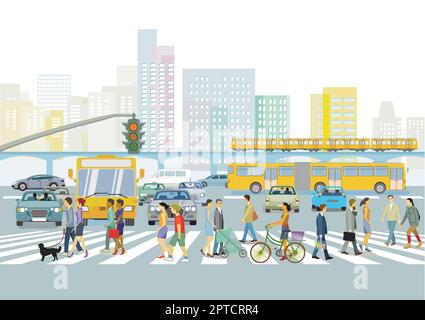 Personnes sur la voie de passage et la circulation routière, illustration Illustration de Vecteur