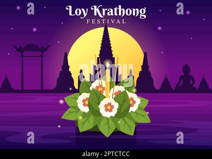 Loy Krathong Festival Celebration en Thaïlande modèle dessin main dessin dessin dessin de dessin animé à plat avec lanternes et Krathongs flottant sur l'eau Design Illustration de Vecteur