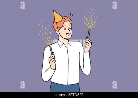 Jeune homme souriant en chapeau d'anniversaire tenant des fêteurs de fête. Les hommes d'affaires heureux ont du plaisir profiter des feux d'artifice à la fête. Illustration vectorielle. Banque D'Images