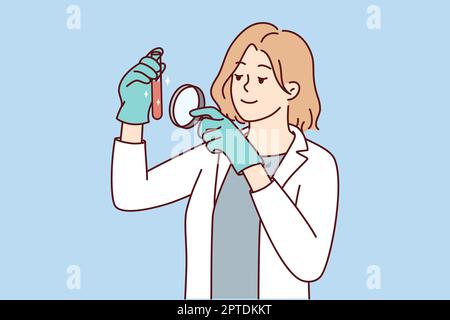 Femme scientifique en uniforme médical blanc tube d'exploration avec loupe. Femme chercheuse analyse des échantillons de laboratoire avec loupe. Vecteur illu Banque D'Images