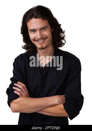 Son charme est contagieux. Beau jeune homme debout avec ses bras pliés et souriant Banque D'Images