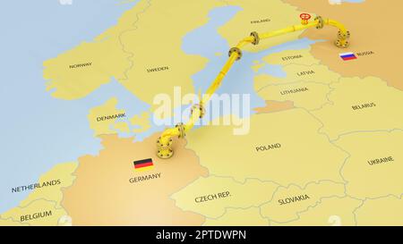 3D rendu du gazoduc Nord Stream 2 émergeant sur la carte de l'Europe reliant la Russie et l'Allemagne à travers la mer Baltique, graphique de 2D Banque D'Images