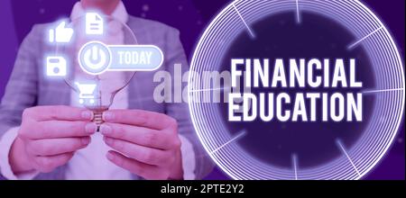 Affiche présentant l'éducation financière, le processus de concept d'entreprise pour renvoyer le service à l'homme d'affaires normal de dangers corrects montrant l'ampoule et le numérique S. Banque D'Images