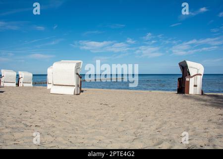 Paniers de plage en osier blanc traditionnel sur la plage de sable de la mer Baltique, avec brise-lames en bois dans la mer et ciel bleu sur l'île de Poel, Ger Banque D'Images