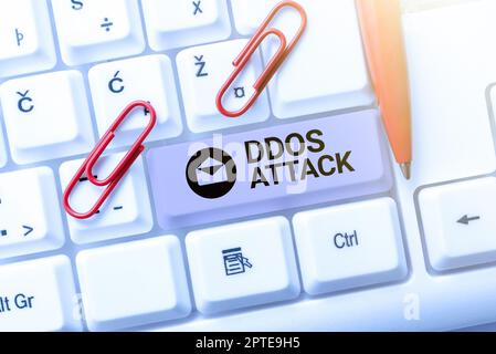 Inspiration montrant le signe d'attaque DDoS, l'auteur du concept Internet cherche à rendre les ressources réseau indisponibles Banque D'Images