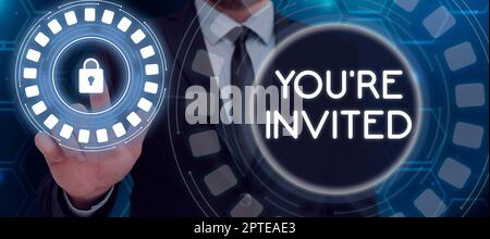 Écrire afficher le texte You'Re invité, Word for Please joignez-vous à nous dans notre célébration Bienvenue soyez un invité Banque D'Images