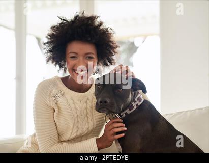 HES mon meilleur ami. Portrait d'une jeune femme attirante qui pète son chien tout en étant assise sur le canapé à la maison Banque D'Images