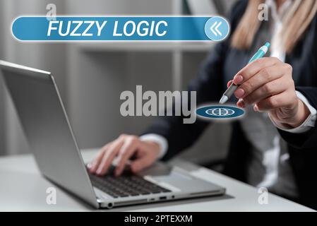 Légende du texte présentant Fuzzy Logic, mot écrit sur les contrôles de l'étendue de la saleté et de la quantité de graisse de savon et d'eau Banque D'Images