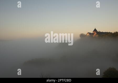 Vue sur le palais allemand appelé Waldeck le matin avec brouillard sur le lac Edersee à l'automne Banque D'Images