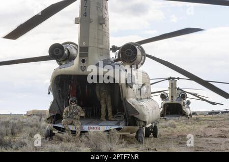 Plus de 170 soldats de la Garde nationale de l'Armée de l'Oregon s'entraînent au Centre d'entraînement au combat d'Orchard et dans la chaîne du ruisseau Saylor, dans le sud de l'Idaho, en 24 avril 2023. Avec plus de 170 000 acres de feu vivant et d'espace de manœuvre, l'OCTC facilite régulièrement les objectifs de formation à grande échelle. (É.-U. Photo de la Garde nationale aérienne par le sergent d'état-major Joseph Morgan) Banque D'Images