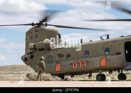 Plus de 170 soldats de la Garde nationale de l'Armée de l'Oregon s'entraînent au Centre d'entraînement au combat d'Orchard et dans la chaîne du ruisseau Saylor, dans le sud de l'Idaho, en 24 avril 2023. Avec plus de 170 000 acres de feu vivant et d'espace de manœuvre, l'OCTC facilite régulièrement les objectifs de formation à grande échelle. (É.-U. Photo de la Garde nationale aérienne par le sergent d'état-major Joseph Morgan) Banque D'Images