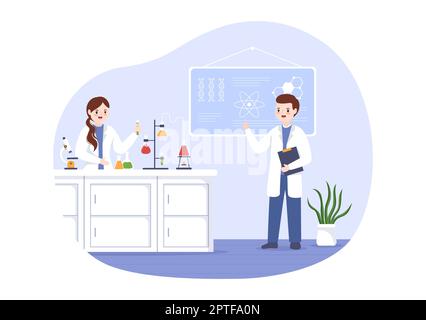 Laboratorium avec réalisation de la recherche scientifique, l'expérimentation et la mesure dans un laboratoire en dessin à plat dessin à la main modèles Illustration Banque D'Images