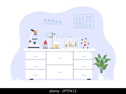 Laboratorium avec réalisation de la recherche scientifique, l'expérimentation et la mesure dans un laboratoire en dessin à plat dessin à la main modèles Illustration Banque D'Images