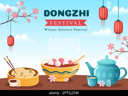 Dongzhi ou Winter Solstice Festival modèle dessin main dessin dessin dessin dessin animé dessin animé dessin animé par la famille appréciant la cuisine chinoise Tangyuan et Jiaozi concept Banque D'Images