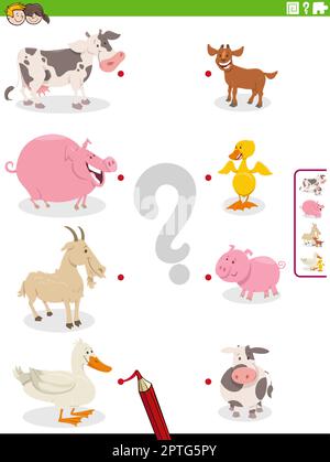 associez les animaux de la ferme de dessins animés et leur jeu éducatif de bébés Illustration de Vecteur