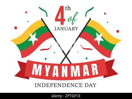 Célébration de la Journée de l'indépendance du Myanmar à 4 janvier avec drapeaux sur fond de dessin animé Illustration des modèles dessinés à la main Banque D'Images