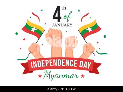 Célébration de la Journée de l'indépendance du Myanmar à 4 janvier avec drapeaux sur fond de dessin animé Illustration des modèles dessinés à la main Banque D'Images