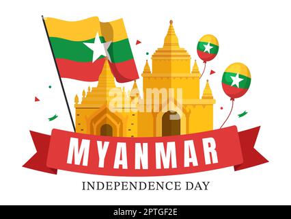 Célébration de la Journée de l'indépendance du Myanmar à 4 janvier avec drapeaux sur fond de dessin animé Illustration des modèles dessinés à la main Banque D'Images