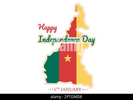 Happy Cameroon Independence Day on 1 janvier avec drapeau camerounais et vacances commémoratives en dessin animé à la main Banque D'Images