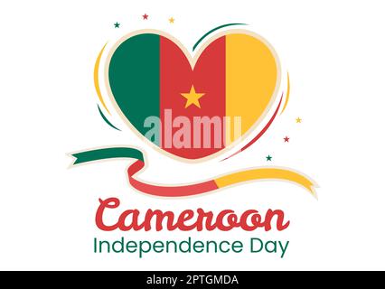 Happy Cameroon Independence Day on 1 janvier avec drapeau camerounais et vacances commémoratives en dessin animé à la main Banque D'Images