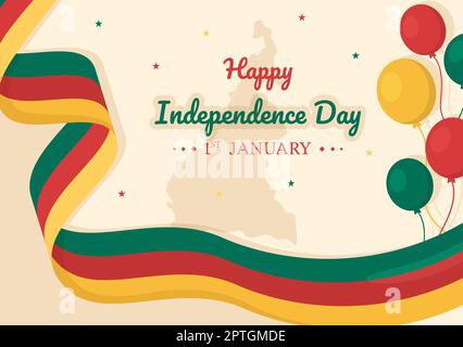Happy Cameroon Independence Day on 1 janvier avec drapeau camerounais et vacances commémoratives en dessin animé à la main Banque D'Images