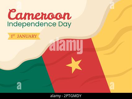Happy Cameroon Independence Day on 1 janvier avec drapeau camerounais et vacances commémoratives en dessin animé à la main Banque D'Images