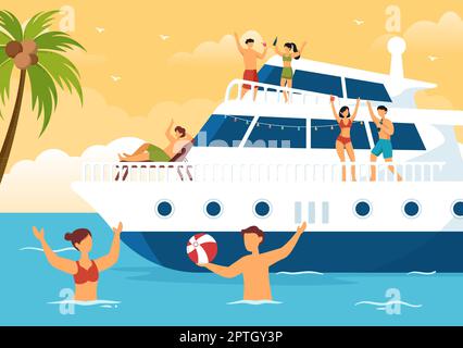 Modèles de yachts dessin main dessin animé dessin animé dessin animé Illustration avec les gens dansant, bronzer, boire des cocktails et se détendre sur un bateau de croisière à l'océan Illustration de Vecteur