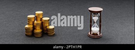 Tas de pièces de monnaie et de sablier sur fond sombre 3D rendu Illustration, argent et temps concept de comparaison Banque D'Images